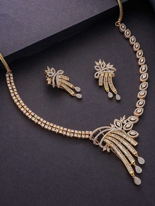 Gold Toned White AD Zircon Studded Peacock Motif Contemporary Necklace Jewellery Set
