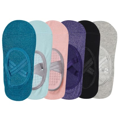 Pilates Set of 6 Socks For Women Anti Skid Grip - Blue, Mint Green, Pink, Purple, Black, Light grey