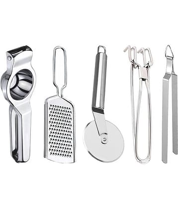 JISUN - Silver Stainless Steel Lemon-Grater-Pizza Cutter-Pakkad-Chimta ( Set of 5 )