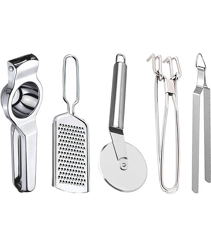 JISUN - Silver Stainless Steel Lemon-Grater-Pizza Cutter-Pakkad-Chimta ( Set of 5 )