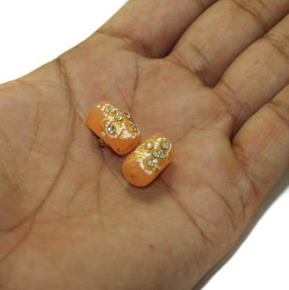 5 Pcs, 16x10mm Handpainted Kundan Work Tube Beads Orange-Orange / Glass