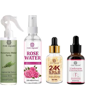 Rosemary Water Hair Spray 100ml, Hydrating Fresh Rose water 100ml, 24K Gold Serum 30ml & Underarm Whitening Serum 30ml Combo 4