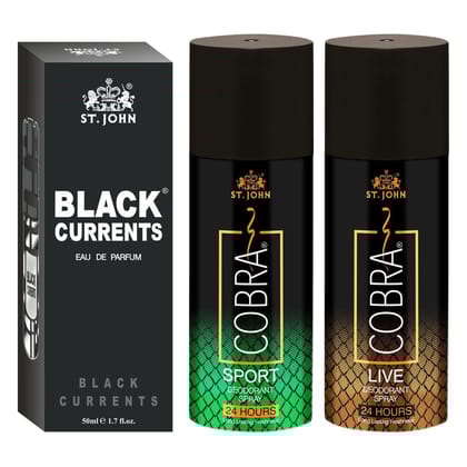 ST-JOHN Cobra Deodrant Live & Sports 150 ml each & Black Current 50ml Perfume Combo Pack Perfume Body Spray  -  For Men & Women (350 ml, Pack of 3) ST-JOHN Cobra Deodrant Live & Sports 150 ml each & Black Current 50ml Perfume Combo Pack Perfume Body Spray  -  For Men & Women (350 ml, Pack of 3)