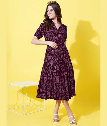 Femvy Women Crepe Printed Fit & Flare Dress ( Wine )