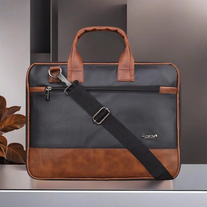 LOREM Black & Tan Color Faux Leather 10L Laptop Messenger Bag For Men & Women BG32