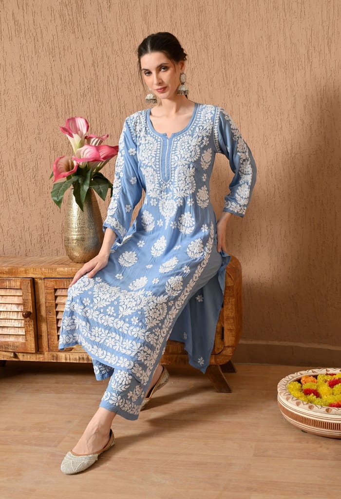 Hand Embroidered Chikankari Modal Plazo Set with 3D Work – Ethnic Wear Powder Blue