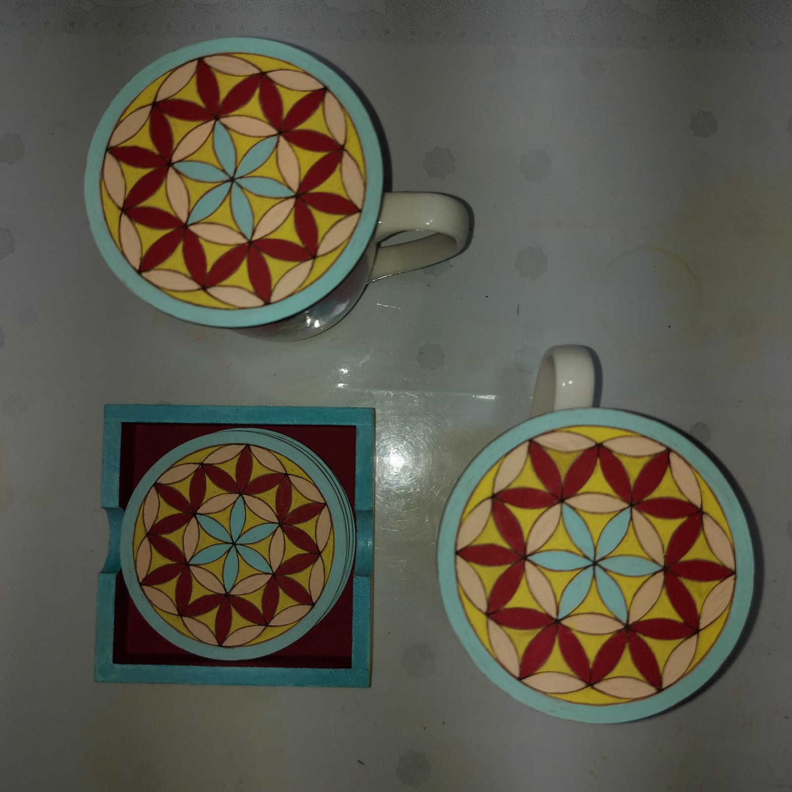 Kalakrishta Handpainted Circle of Life Coaster Set of 6 with Holder