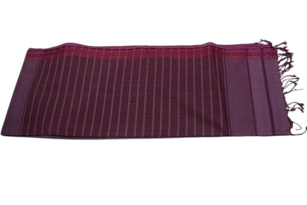 Handloom Cotton Saree, Purple and Maroon Striped Pattern, Fringed Edges, Traditional Weave