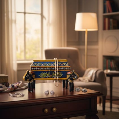 Wooden Hand-Painted Jewelry Storage Box with Elephant Leg Stand