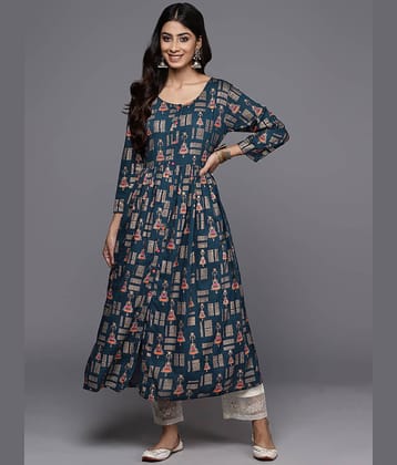 Varanga Viscose Printed Midi Women's Fit & Flare Dress - Navy Blue ( Pack of 1 )