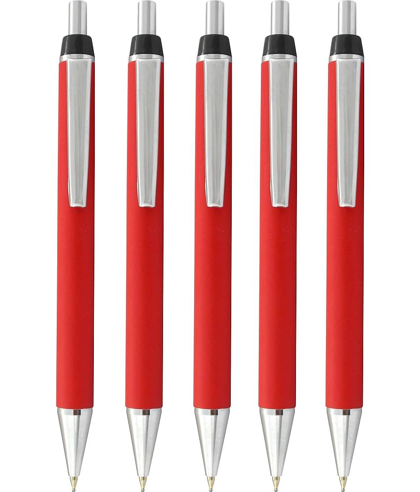 Metal Pen (pack of 5) Click Mechanism Red Retractable Ball Pen (Blue Ink)
