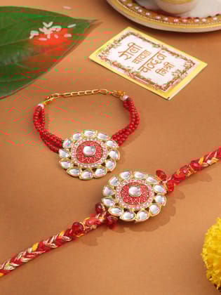 NVR Set of 2 Handmade Red Kundan Studded Floral Design Bhaiya Bhabhi Rakhi with Roli Chawal Chandan & Mishri-One Size / Red
