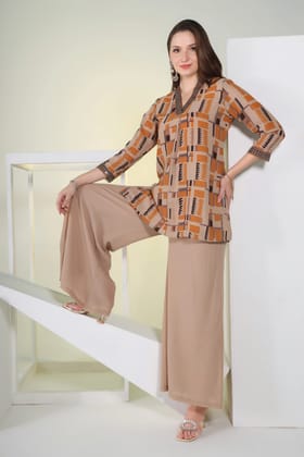 Modern Elegance: Mustard Geometric Print Kurta with Flair Pants and Brown Lace Detailing"-M