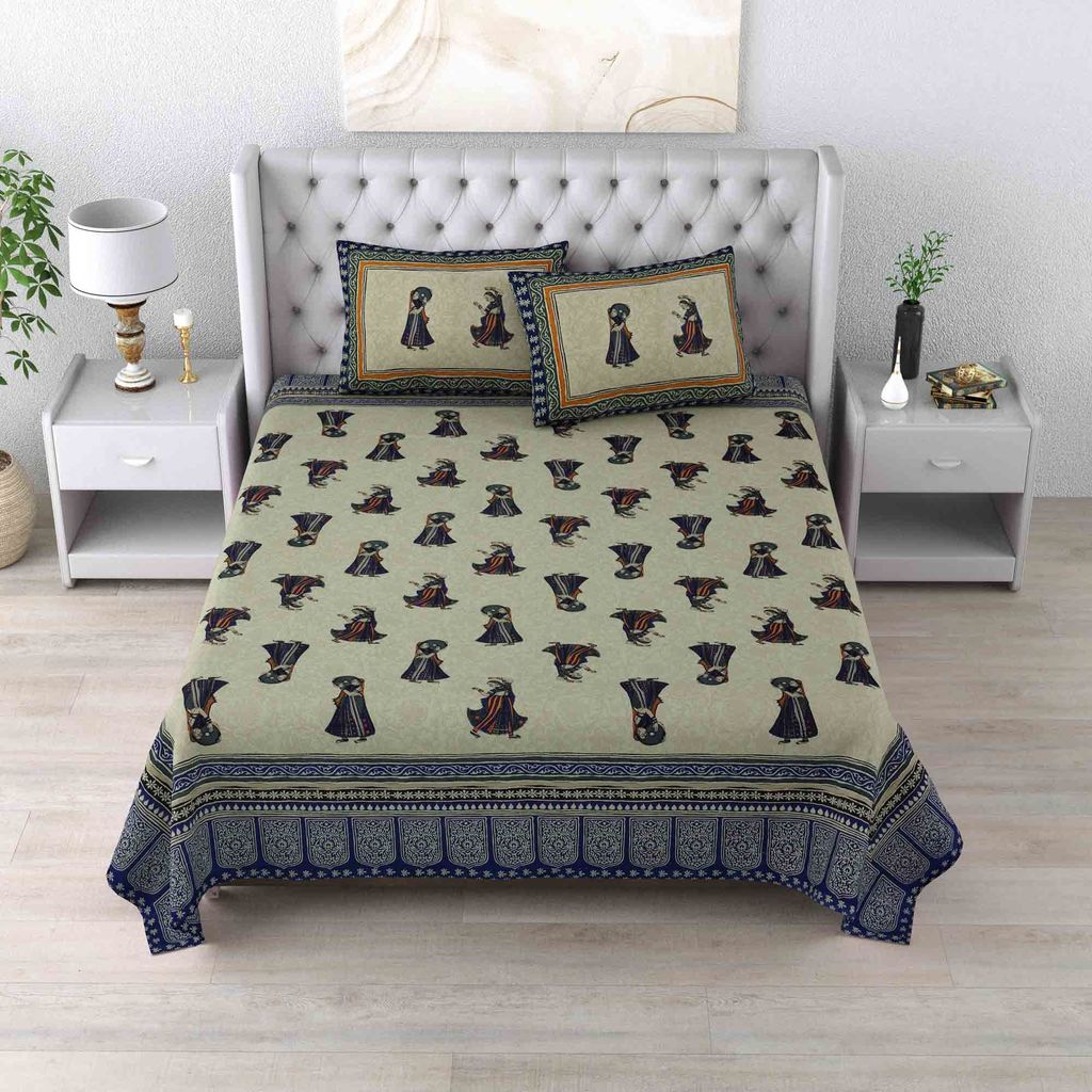 Premium Jaipuri Sanganeri Print Pure Cotton Double Bedsheet with 2 Pillow Covers
