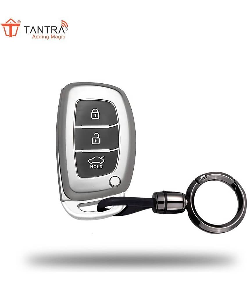 TANTRA TPU Key Cover and Metal Keychain Compatible for Hyundai Aura Elantra I.10 Grand Nios I.20 Elite Verna 4S Creta I.10 Grand I.20 Activa Tucson Xcent\n3 Button Smart Key (Grey)\n