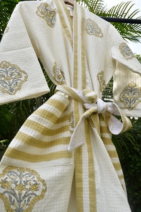 Royal Mustard stripe waffle cotton Bathrobe Royal Mustard stripe waffle cotton Bathrobe