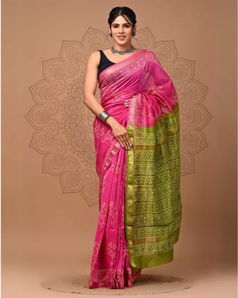 Evocative Maheshwari Pure Silk Pink Saree Blockprint