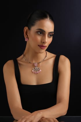 Manh Pink Polki Hasli Necklace Set-Polki
