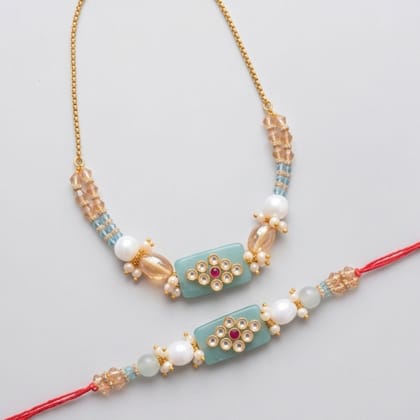Designer Teal Stone and Kundan Rakhi (set of 2)