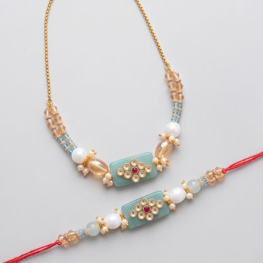 Designer Teal Stone and Kundan Rakhi (set of 2)