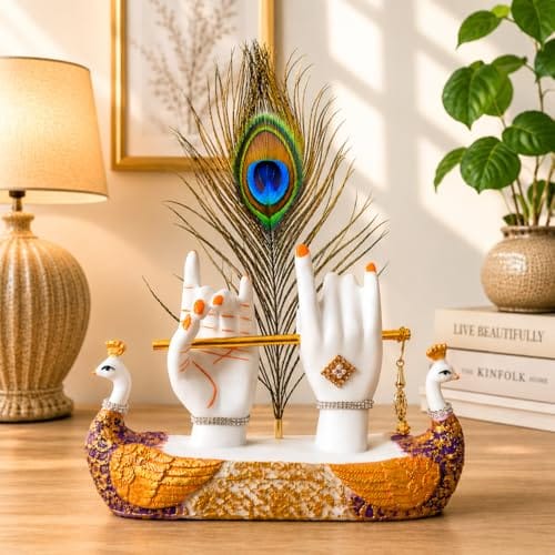 Mariner's Creation Krishna Hand Showpiece with Flute and Peacock Feather, Decorative Resin Figurine, White and