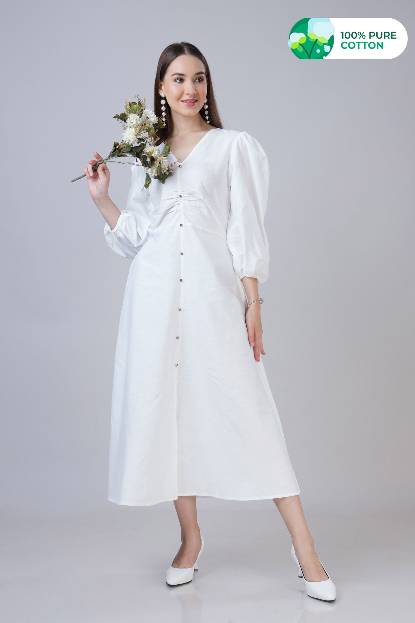 Trendy Women's Plain White A Line Pure Cotton Maxi Dress-XXS / White / DR0080-F-PLCF0021 -2.90 MTR-NIL-NIL-EL004-10-THW001-NIL-ZPH008-BT0093-8- NIL-NIL-NIL