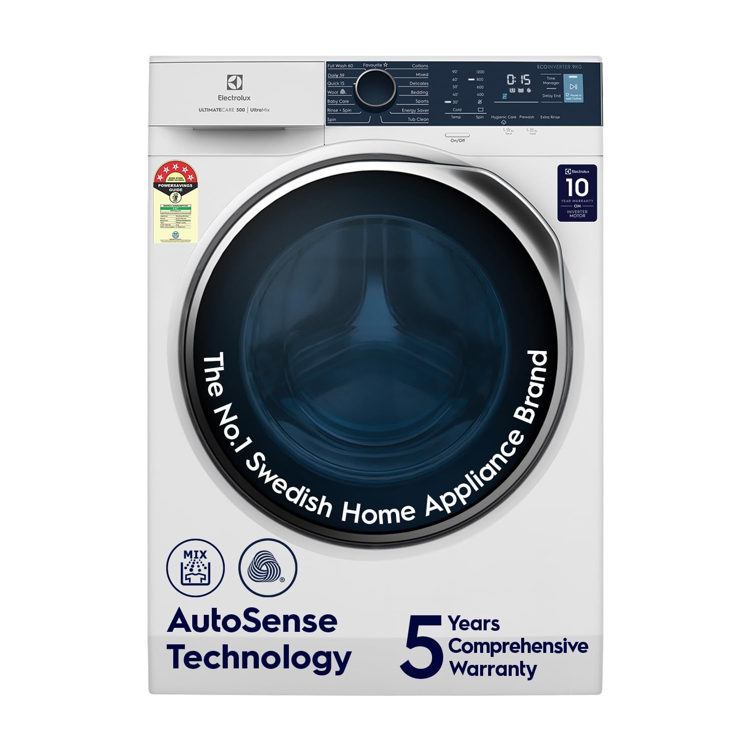 Electrolux 9kg 5 Star Front Load Washing Machine, 5 Year Warranty, AutoSense Technology, Full Load Vapour Wash, Hygienic Care, Woolmark, EcoInverter Motor, UltimateCare 500, EWF9024R5WB, White Electrolux 9kg 5 Star Front Load Washing Machine, 5 Year Warr