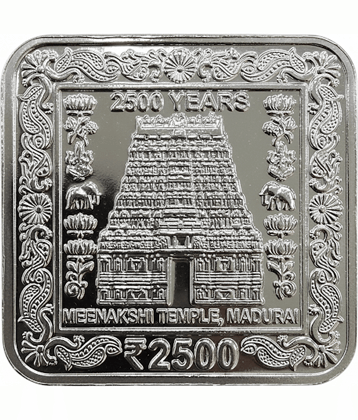 2500 Rupee Silver Plated Coin Bar – 100gm | Meenakshi Temple Madurai | 2500 Years Commemorative -Special Edition Showpiece Square Paper Weight