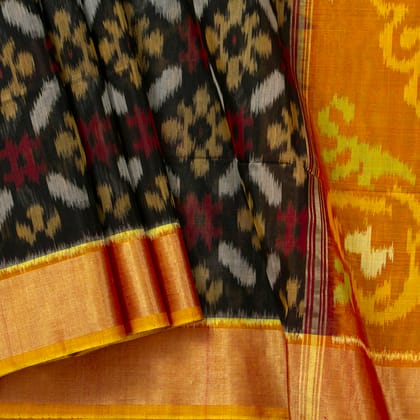 Black And Mustard Pochampally Silk Cotton Saree With Tissue Zari For Office Wear PV ISC 1015