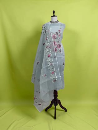 Kota Doria Cotton-Silk Dress Material with Hand-Embroidered Rose Border Kota Doria Cotton-Silk Dress Material with Hand-Embroidered Rose Border