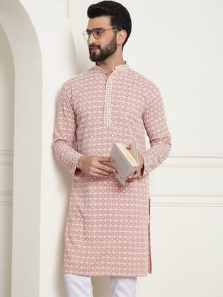Men's Cotton Contrast Embroidered Sequinned Peach Long Kurta-42