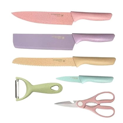 6-Piece Colorful Knife Set  Stainless Steel Kitchen Knives with Non-Stick Coating & Ergonomic Wheat Straw Handles  Chef Knife, Peeler & Scissors