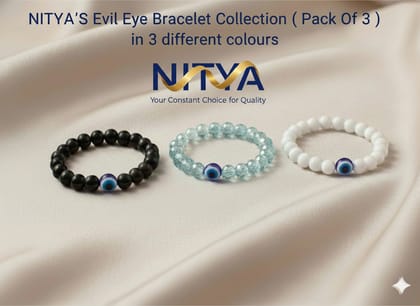 NITYAS Original Evil Eye Bracelet Collection - Pack of 3 Authentic Gemstone Protection Bracelets for Men & Women (Black, Light Blue, White) |4 units