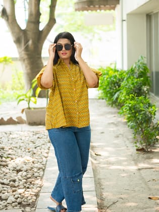 Yellow cotton printed shirt-M
