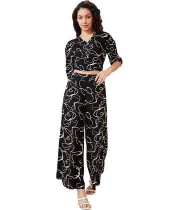 Globus Women Printed Top With Palazzos Co-Ord Set ( Black )
