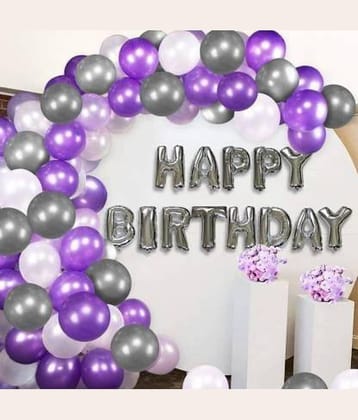 KR Solid Solid Happy Birthday Balloons Decoration Kit 62 Pcs Set Combo Balloon Bouquet of  Silver Letter Balloon and Purple, Silver, White (Pack of 60) and 1 Arch