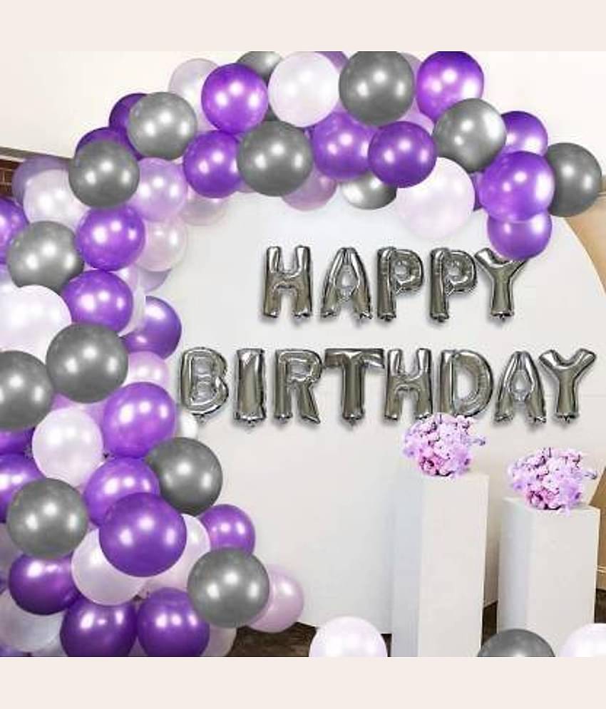 KR Solid Solid Happy Birthday Balloons Decoration Kit 62 Pcs Set Combo Balloon Bouquet of  Silver Letter Balloon and Purple, Silver, White (Pack of 60) and 1 Arch