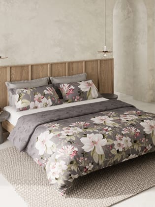 DDecor 100% Combed Cotton Super King Bedsheet with 2 Pillow Covers | Floral 135TC | Soft & Comfortable | Perfect for Everyday Bedroom Use | Zeta Collection | 274 CM X 274 CM - Grey