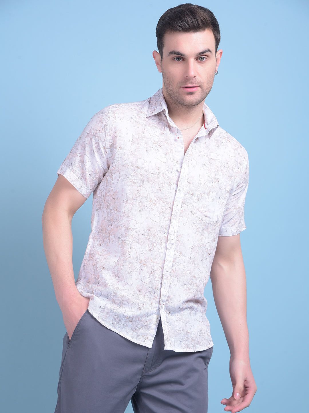 Peach Floral Print 100% Cotton Shirt-M / Peach