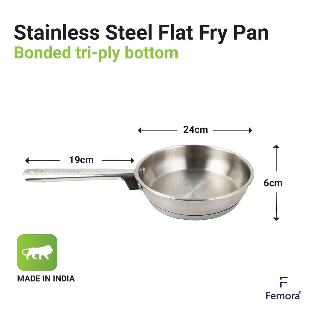 Femora Stainless Steel Flat Fry Pan, Bonded Tri-Ply Bottom, 23 cm,Silver, Zero Coating, Health Safe