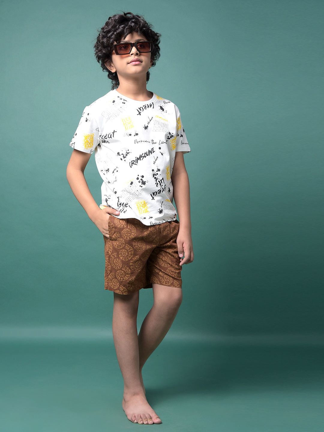 Brown Printed 100% Cotton Lounge Shorts-9-10Y / Brown