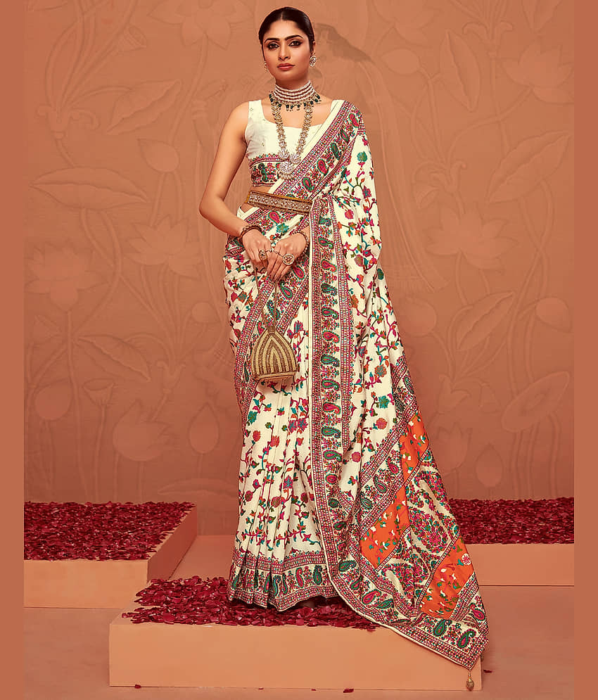 Satrani Silk Printed Saree With Unstitched Blouse Piece ( Cream )