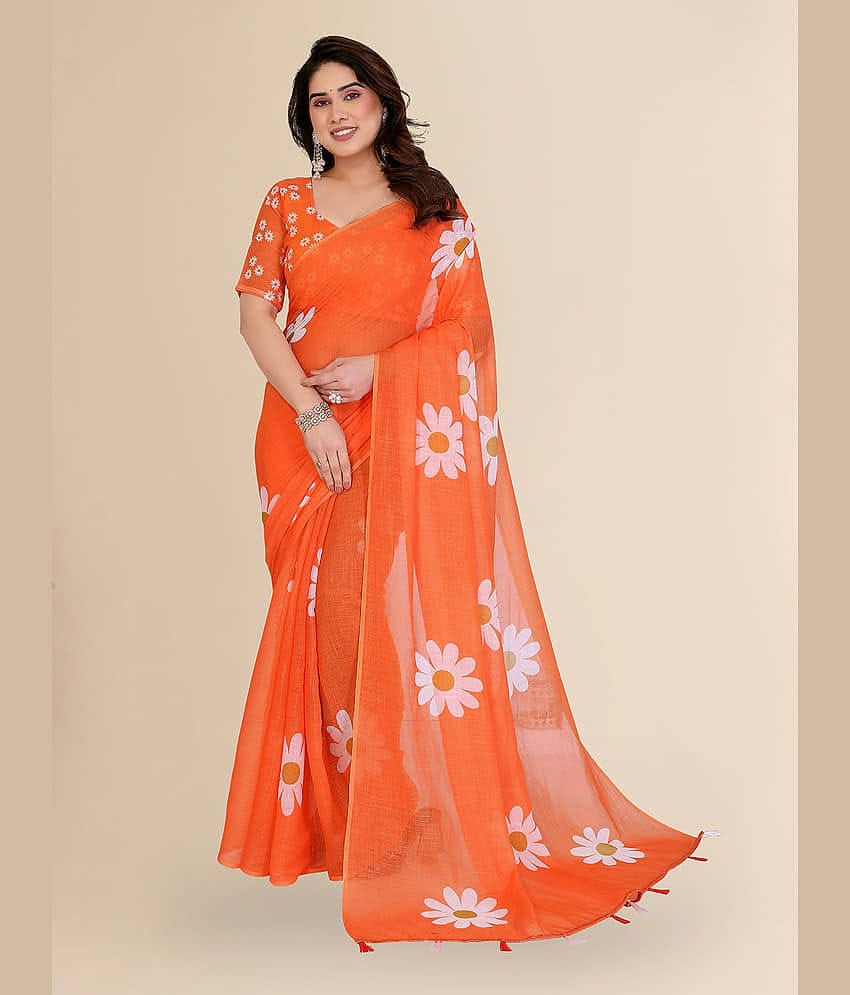 ANAND SAREES Cotton Printed Regular Saree With Unstitched Blouse Piece ( Orange )
