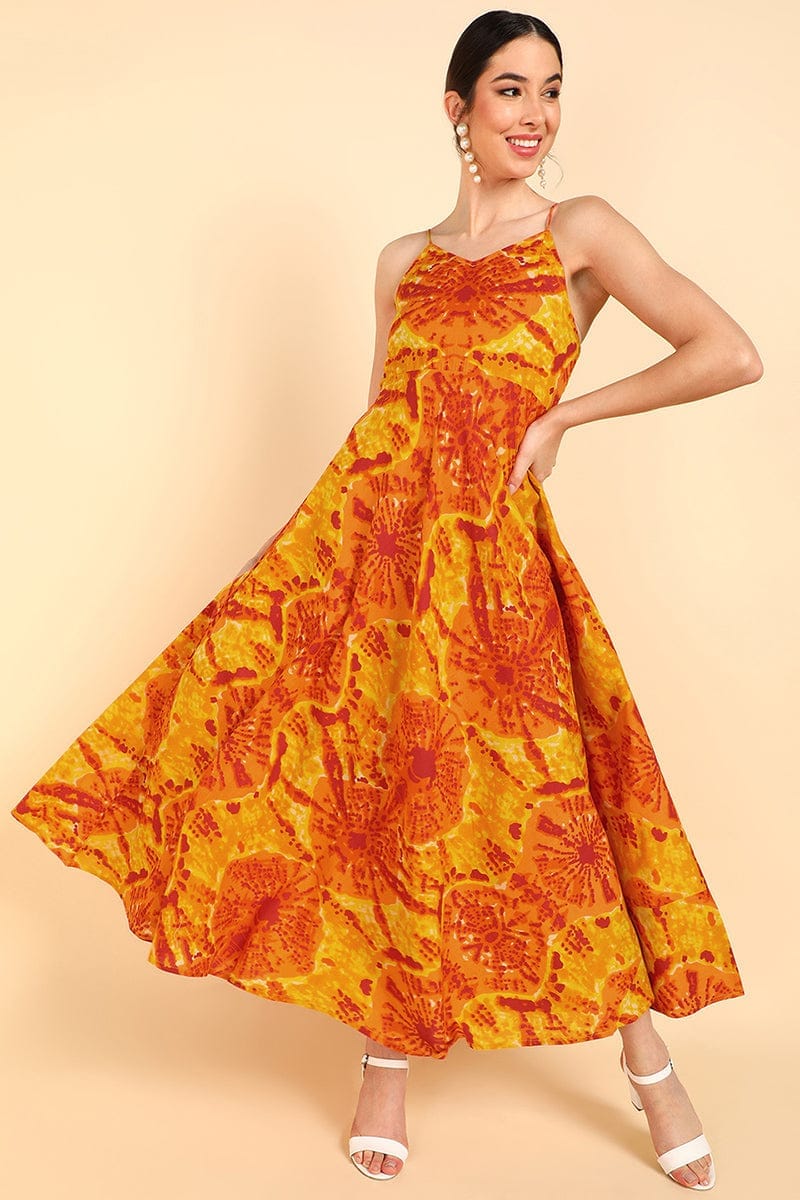 Orange Cotton Tie-Dyed Maxi Dress VD1178