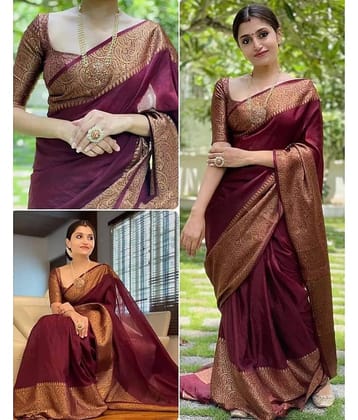 Gazal Fashions Banarasi Silk Embellished Saree With Unstitched Blouse Piece ( Maroon )