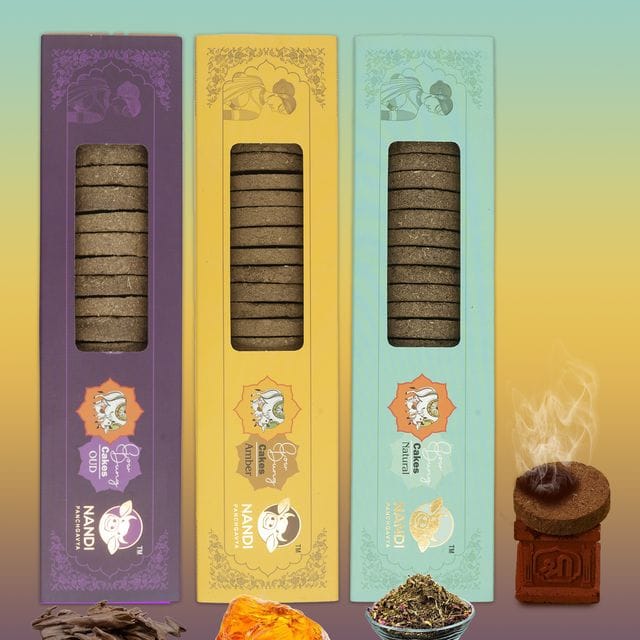 Nandi Panchgavya 100 Percent Desi Cow Dung Cake Kande (63 Pcs) (Oud, Amber, Natural Fragrance-Pack of 3)