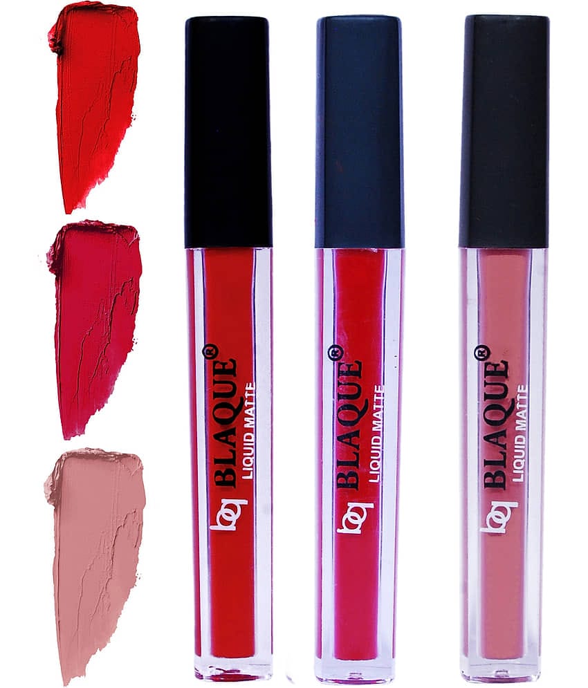 bq BLAQUE Matte Liquid Lipstick Combo of 3 Lip Color 4ml each, Waterproof - Red, Dark Pinkish Red, Light Nude Brown