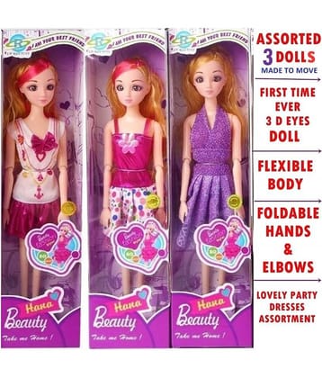 Fratelli Made 2 Move Doll with 3D Eyes - Best Gift for Girls -Hana Fashion Doll with 3D Eyes (Multicolour) Set of 3 Dolls