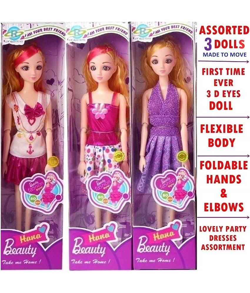 Fratelli Made 2 Move Doll with 3D Eyes - Best Gift for Girls -Hana Fashion Doll with 3D Eyes (Multicolour) Set of 3 Dolls