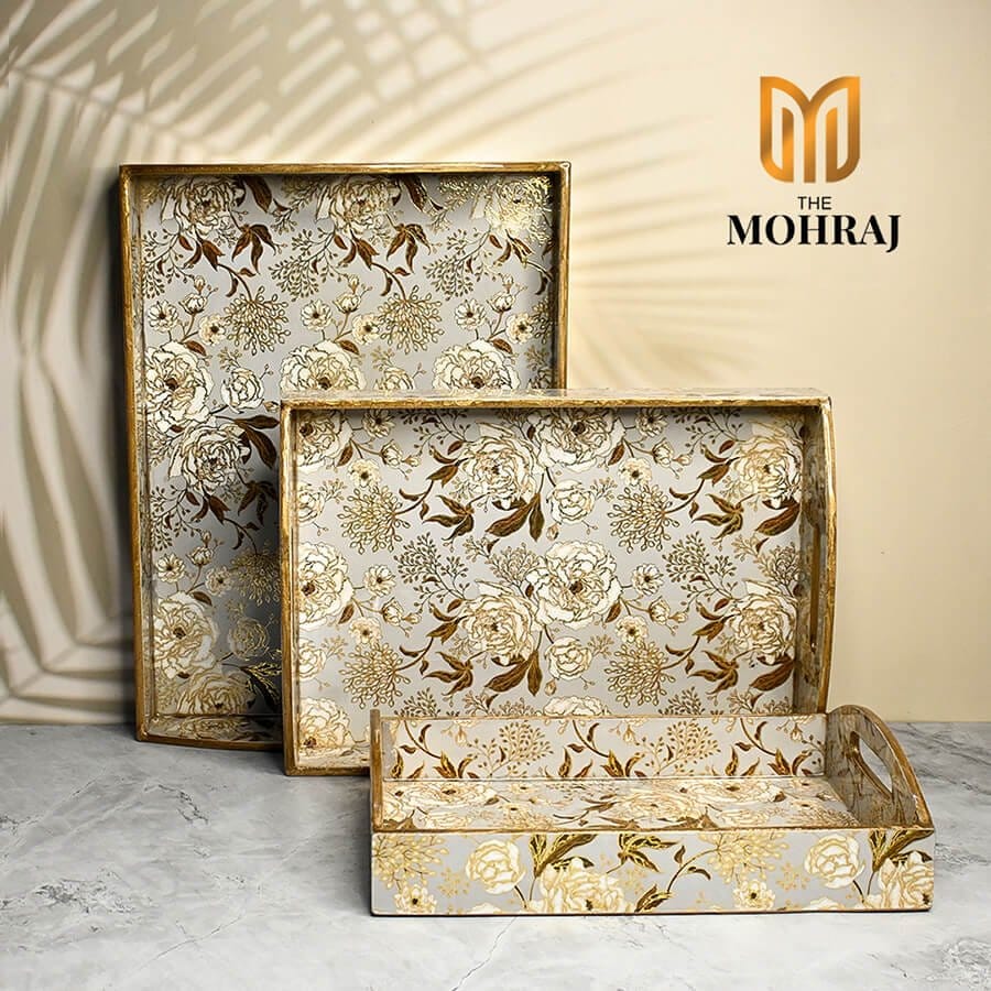 The Mohraj Summer Roses MDF Trays with Curved Handles and Gold Foil Finish Set of 3